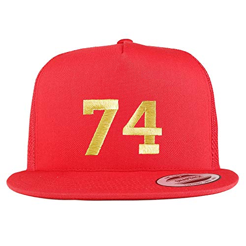 Trendy Apparel Shop Number 74 Gold Thread Embroidered Flat Bill 5 Panel Trucker Cap