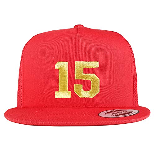 Trendy Apparel Shop Number 15 Gold Thread Embroidered Flat Bill 5 Panel Trucker Cap