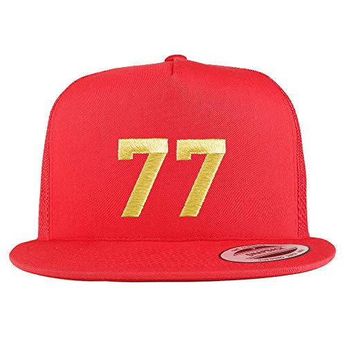 Trendy Apparel Shop Number 77 Gold Thread Embroidered Flat Bill 5 Panel Trucker Cap