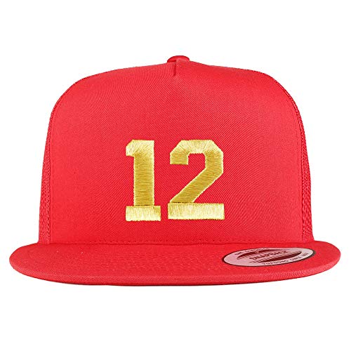 Trendy Apparel Shop Number 12 Gold Thread Embroidered Flat Bill 5 Panel Trucker Cap