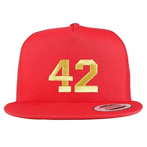 Trendy Apparel Shop Number 42 Gold Thread Embroidered Flat Bill 5 Panel Trucker Cap