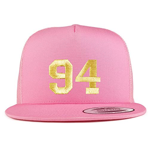 Trendy Apparel Shop Number 94 Gold Thread Embroidered Flat Bill 5 Panel Trucker Cap