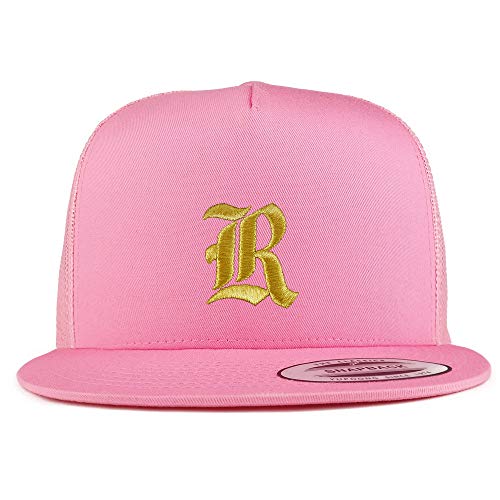 Trendy Apparel Shop Old English Gold R Embroidered 5 Panel Flatbill Trucker Mesh Cap