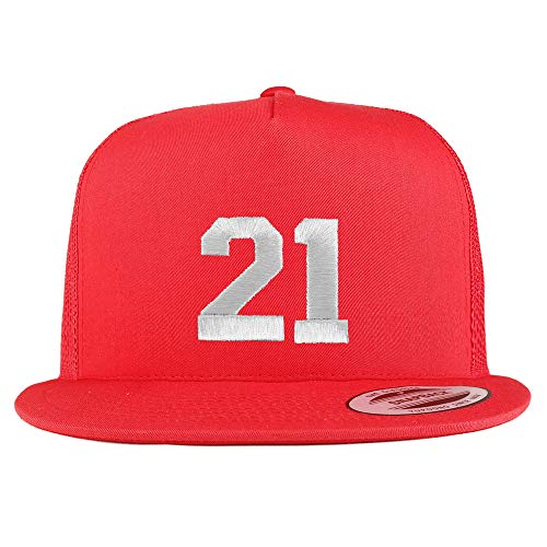 Trendy Apparel Shop Number 21 White Thread Embroidered Flat Bill 5 Panel Trucker Cap