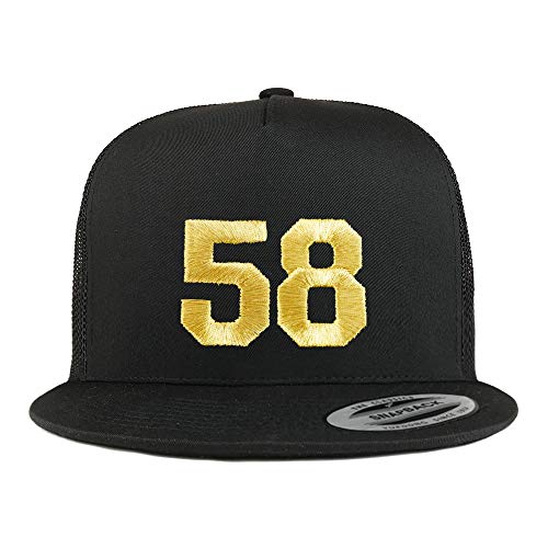 Trendy Apparel Shop Number 58 Gold Thread Embroidered Flat Bill 5 Panel Trucker Cap