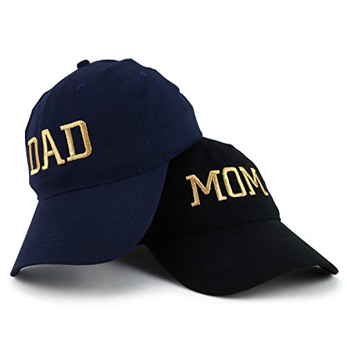 Trendy Apparel Shop Capital Gold Thread Mom and Dad Soft Cotton 2 Pc Cap Set