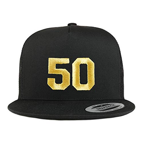 Trendy Apparel Shop Number 50 Gold Thread Embroidered Flat Bill 5 Panel Trucker Cap