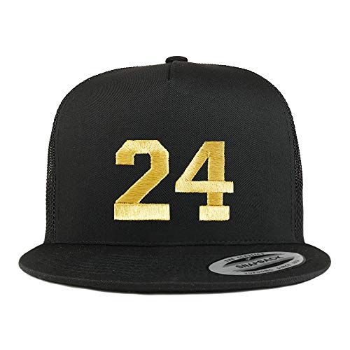 Trendy Apparel Shop Number 24 Gold Thread Embroidered Flat Bill 5 Panel Trucker Cap