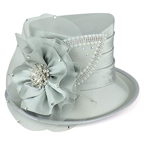 Trendy Apparel Shop Pearl Stone Brooch Satin Rosette Dress Church Hat