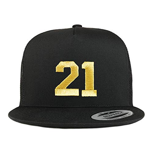 Trendy Apparel Shop Number 21 Gold Thread Embroidered Flat Bill 5 Panel Trucker Cap