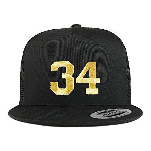 Trendy Apparel Shop Number 34 Gold Thread Embroidered Flat Bill 5 Panel Trucker Cap