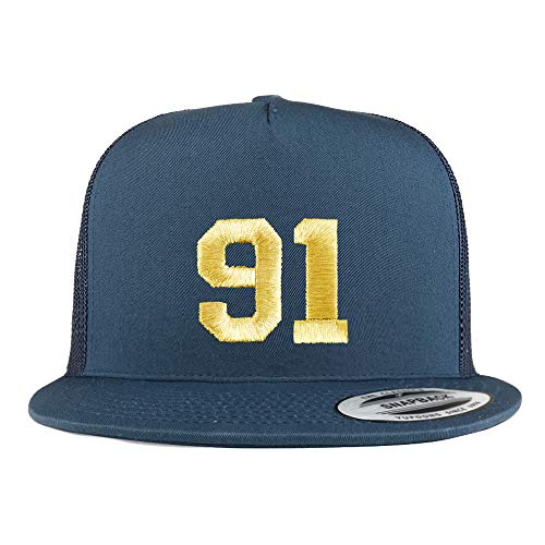 Trendy Apparel Shop Number 91 Gold Thread Embroidered Flat Bill 5 Panel Trucker Cap