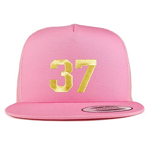 Trendy Apparel Shop Number 37 Gold Thread Embroidered Flat Bill 5 Panel Trucker Cap