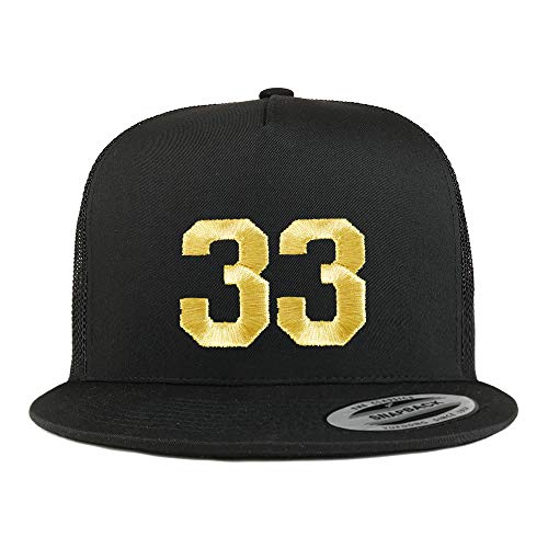 Trendy Apparel Shop Number 33 Gold Thread Embroidered Flat Bill 5 Panel Trucker Cap