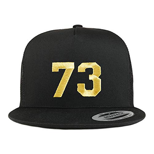 Trendy Apparel Shop Number 73 Gold Thread Embroidered Flat Bill 5 Panel Trucker Cap