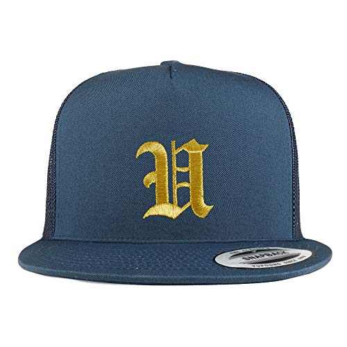 Trendy Apparel Shop Old English Gold U Embroidered 5 Panel Flatbill Trucker Mesh Cap