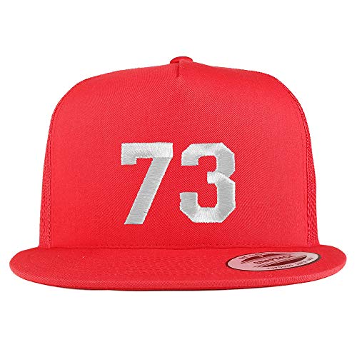 Trendy Apparel Shop Number 73 White Thread Embroidered Flat Bill 5 Panel Trucker Cap