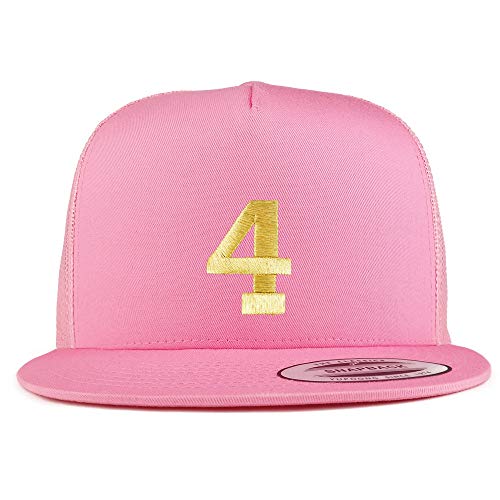 Trendy Apparel Shop Number 4 Gold Thread Embroidered Flat Bill 5 Panel Trucker Cap