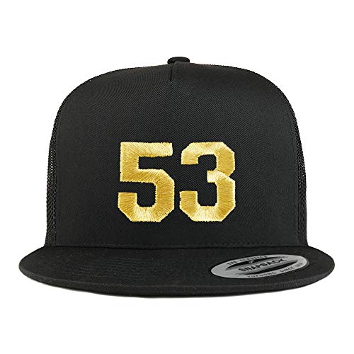 Trendy Apparel Shop Number 53 Gold Thread Embroidered Flat Bill 5 Panel Trucker Cap