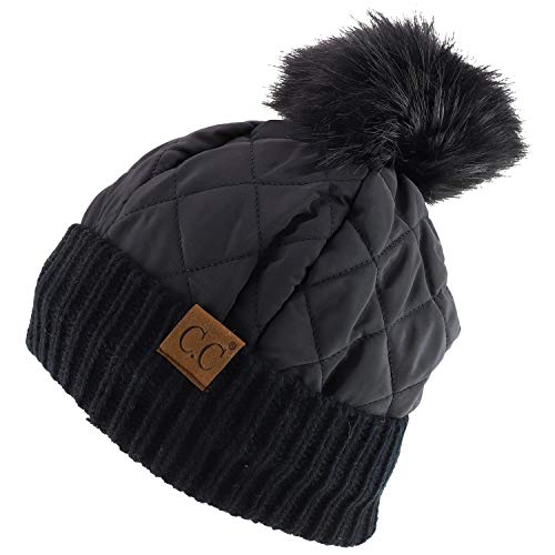 Trendy Apparel Shop Fur Pom Quilted Puffer Knit Cuff Beanie Hat