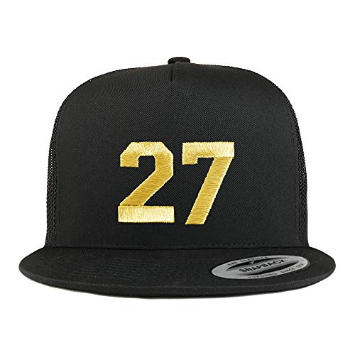 Trendy Apparel Shop Number 27 Gold Thread Embroidered Flat Bill 5 Panel Trucker Cap