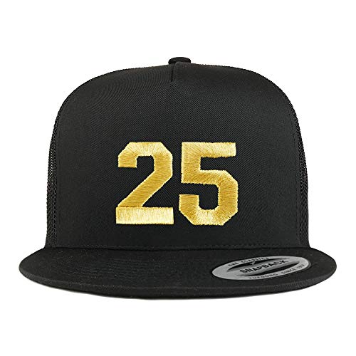 Trendy Apparel Shop Number 25 Gold Thread Embroidered Flat Bill 5 Panel Trucker Cap