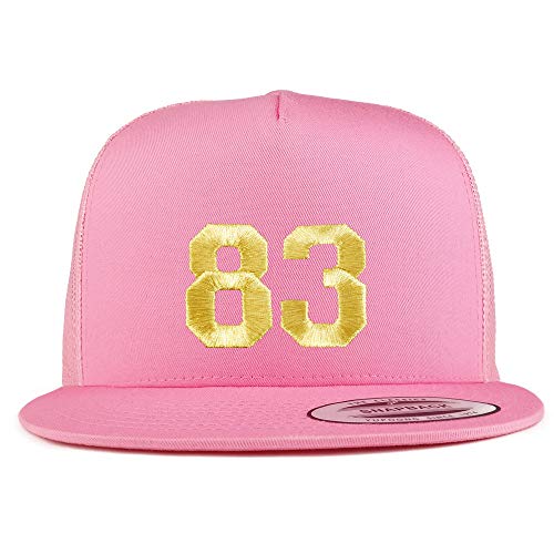 Trendy Apparel Shop Number 83 Gold Thread Embroidered Flat Bill 5 Panel Trucker Cap