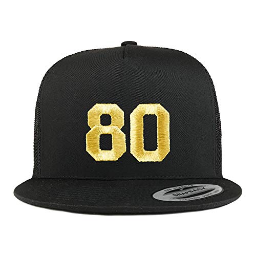 Trendy Apparel Shop Number 80 Gold Thread Embroidered Flat Bill 5 Panel Trucker Cap