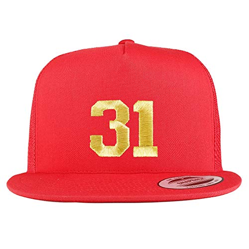 Trendy Apparel Shop Number 31 Gold Thread Embroidered Flat Bill 5 Panel Trucker Cap