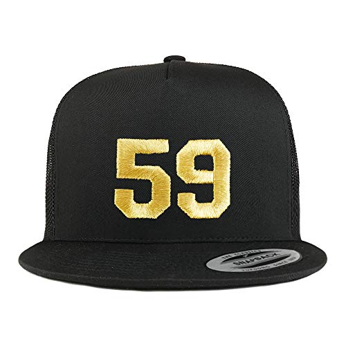 Trendy Apparel Shop Number 59 Gold Thread Embroidered Flat Bill 5 Panel Trucker Cap