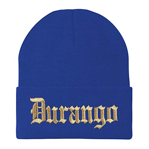 Trendy Apparel Shop Old English Durango Gold Embroidered Acrylic Knit Beanie Cap