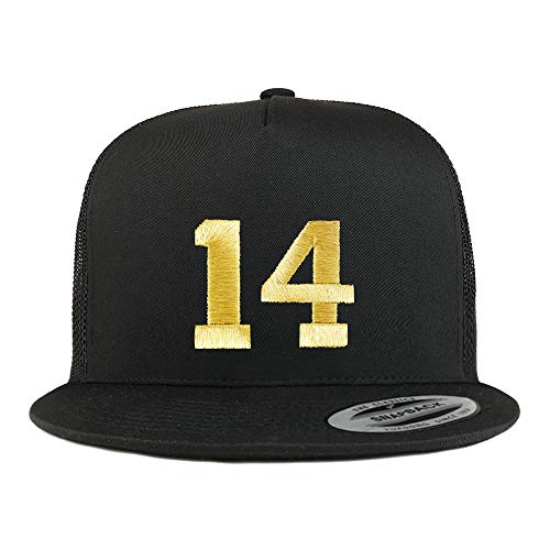 Trendy Apparel Shop Number 14 Gold Thread Embroidered Flat Bill 5 Panel Trucker Cap