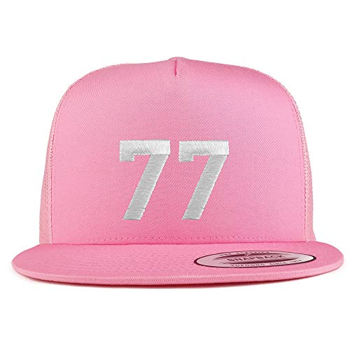 Trendy Apparel Shop Number 77 White Thread Embroidered Flat Bill 5 Panel Trucker Cap