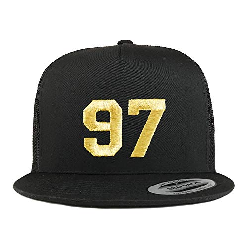 Trendy Apparel Shop Number 97 Gold Thread Embroidered Flat Bill 5 Panel Trucker Cap