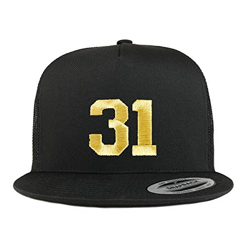 Trendy Apparel Shop Number 31 Gold Thread Embroidered Flat Bill 5 Panel Trucker Cap