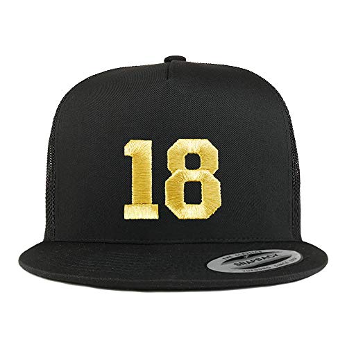 Trendy Apparel Shop Number 18 Gold Thread Embroidered Flat Bill 5 Panel Trucker Cap