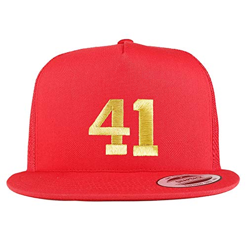 Trendy Apparel Shop Number 41 Gold Thread Embroidered Flat Bill 5 Panel Trucker Cap