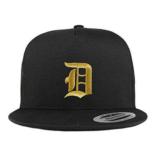 Trendy Apparel Shop Old English Gold D Embroidered 5 Panel Flatbill Trucker Mesh Cap