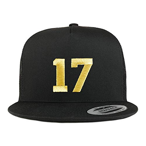 Trendy Apparel Shop Number 17 Gold Thread Embroidered Flat Bill 5 Panel Trucker Cap