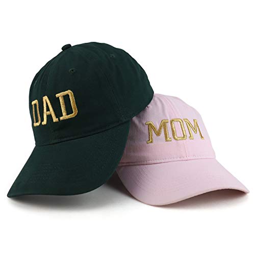 Trendy Apparel Shop Capital Gold Thread Mom and Dad Soft Cotton 2 Pc Cap Set