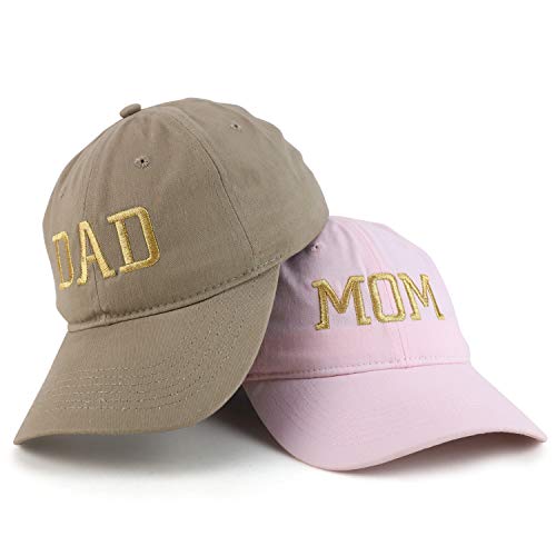 Trendy Apparel Shop Capital Gold Thread Mom and Dad Soft Cotton 2 Pc Cap Set