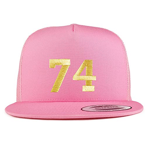 Trendy Apparel Shop Number 74 Gold Thread Embroidered Flat Bill 5 Panel Trucker Cap