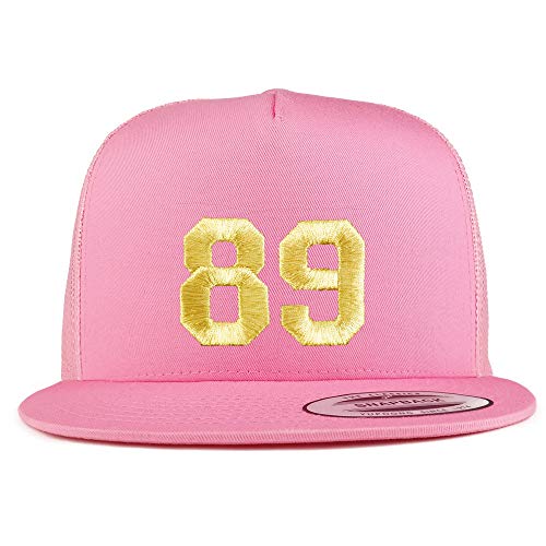 Trendy Apparel Shop Number 89 Gold Thread Embroidered Flat Bill 5 Panel Trucker Cap