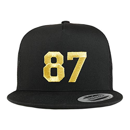 Trendy Apparel Shop Number 87 Gold Thread Embroidered Flat Bill 5 Panel Trucker Cap