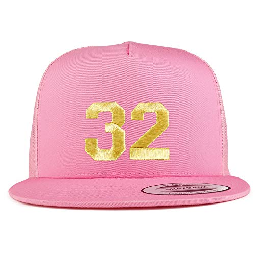 Trendy Apparel Shop Number 32 Gold Thread Embroidered Flat Bill 5 Panel Trucker Cap