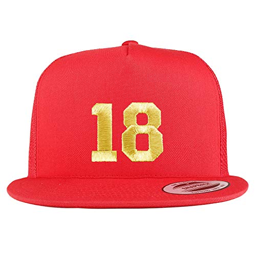 Trendy Apparel Shop Number 18 Gold Thread Embroidered Flat Bill 5 Panel Trucker Cap