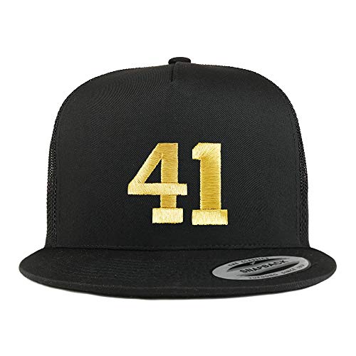 Trendy Apparel Shop Number 41 Gold Thread Embroidered Flat Bill 5 Panel Trucker Cap