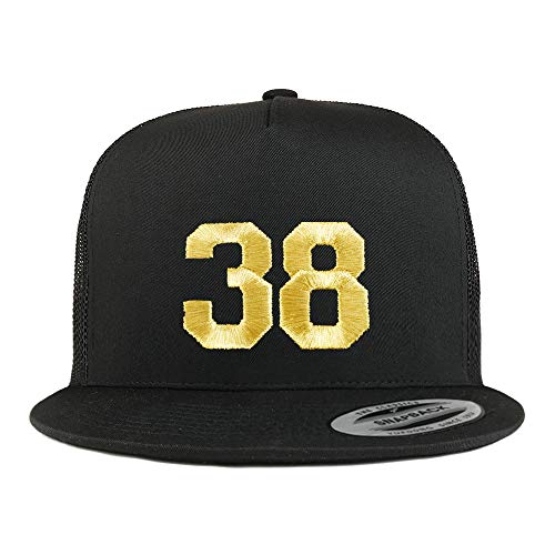 Trendy Apparel Shop Number 38 Gold Thread Embroidered Flat Bill 5 Panel Trucker Cap