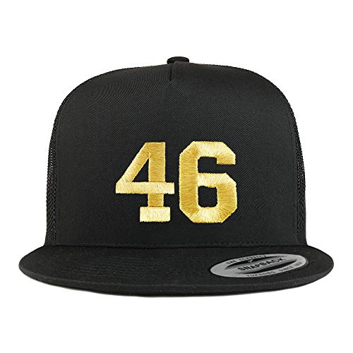 Trendy Apparel Shop Number 46 Gold Thread Embroidered Flat Bill 5 Panel Trucker Cap