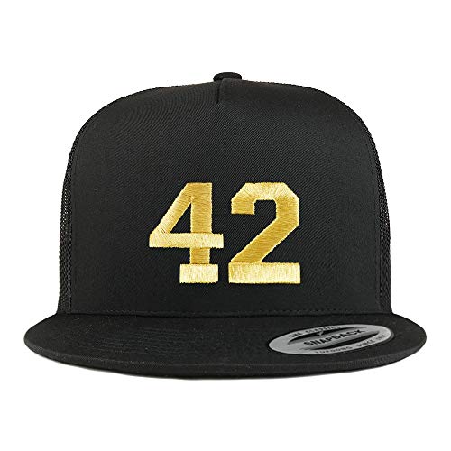 Trendy Apparel Shop Number 42 Gold Thread Embroidered Flat Bill 5 Panel Trucker Cap